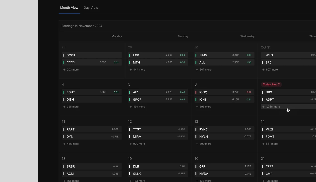An earnings calendar in month view, each day listing companies reporting with their estimated and actual EPS.