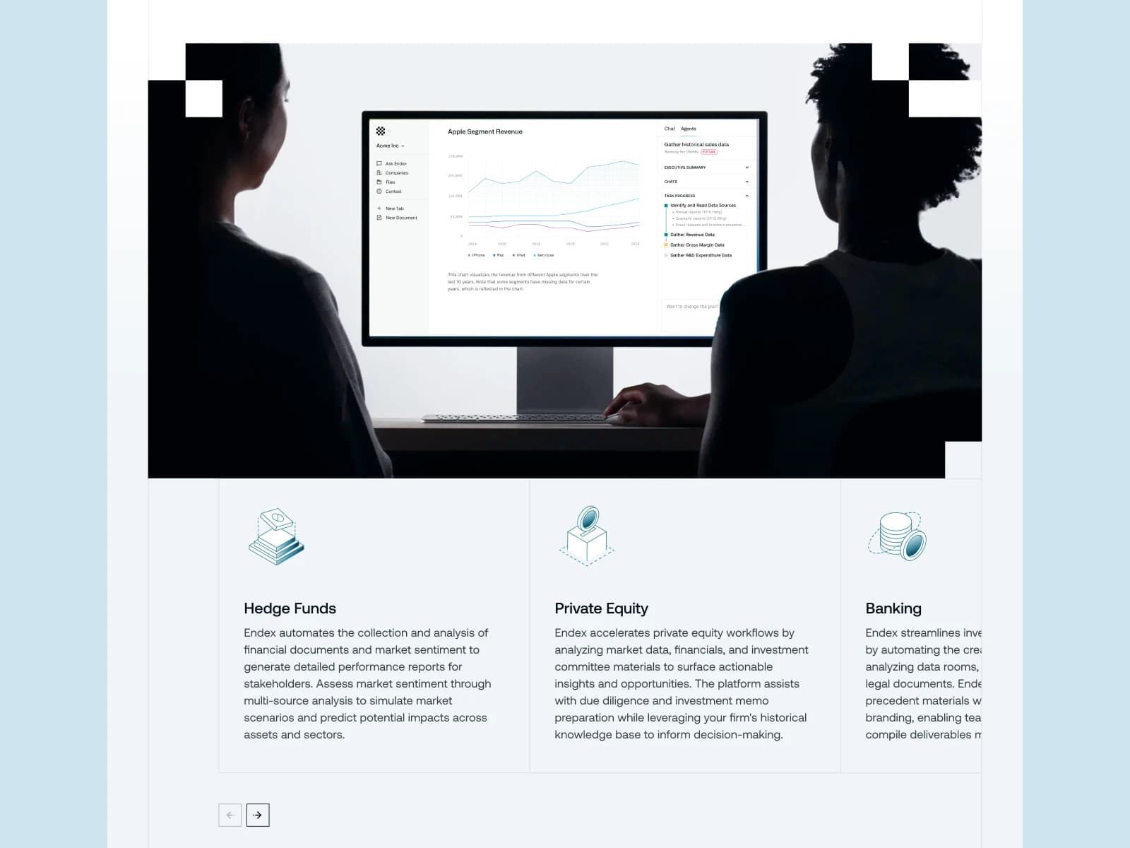 Two people at a shared monitor showing the Endex product, above a row of industry cards for Hedge Funds, Private Equity, and Banking, each with a short description of how Endex fits that workflow.